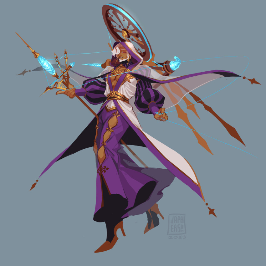 1boy, artist_name, beard, brown_footwear, commentary, cosplay, dark_skin, earrings, english_commentary, facial_hair, final_fantasy, final_fantasy_xiv, full_body, grey_background, hair_over_one_eye, halo, high_heels, highres, japhers, jewelry, long_sleeves, male_focus, mature_male, mongoose_(japhers), nymeia, nymeia_(cosplay), pectorals, puffy_long_sleeves, puffy_sleeves, red_eyes, robe, solo, spinning_wheel, spool, staff, string, striped_sleeves, white_hair