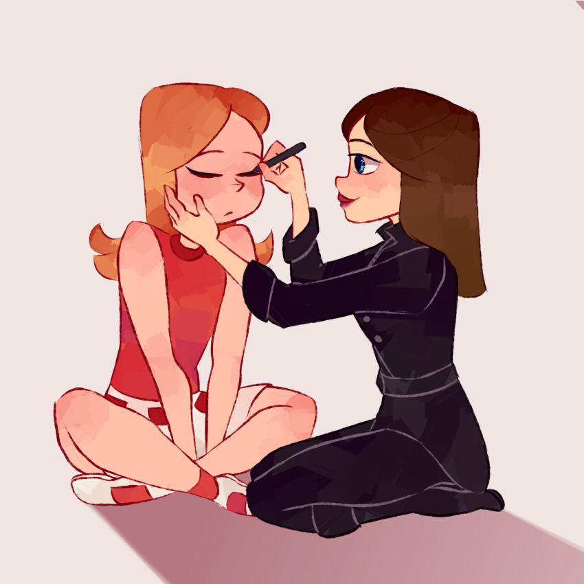 2girls, animification, applying_makeup, breasts, brown_hair, candace_flynn, highres, lipstick