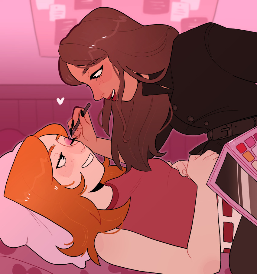 absurdres, animification, applying_another's_makeup, applying_makeup, bedroom, blue_eyes, brown_hair, candace_flynn, highres, lesbians_doing_makeup_(meme), lipstick, long_hair, long_sleeves, m0nomercy, makeover, makeup, meme, multiple_girls, orange_hair, phineas_and_ferb, pillow, red_shirt, shirt, sleeveless, smile, vanessa_doofenshmirtz