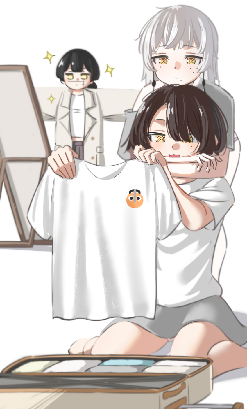 3girls, black_hair, brown_hair, chainsaw_man, character_print, coat, earrings, fami_(chainsaw_man)