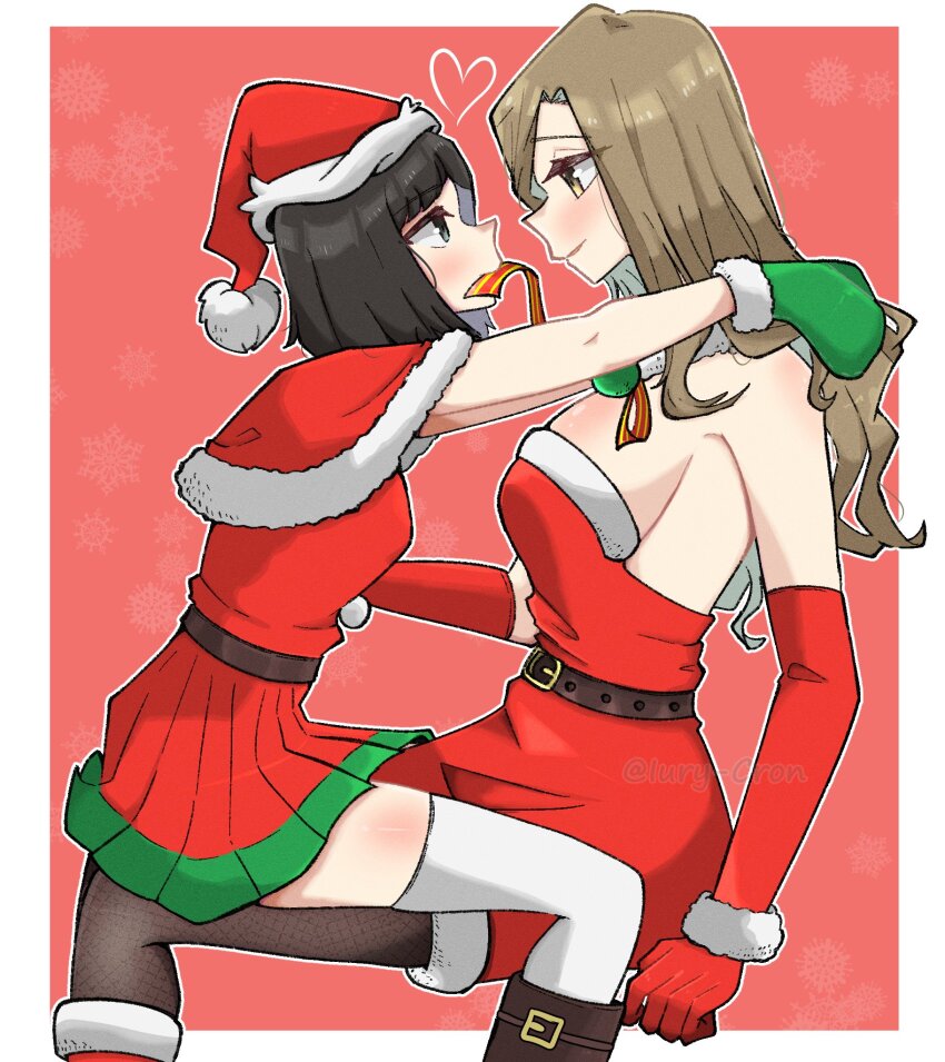 2girls, belt, black_eyes, black_hair, bob_cut, boots, breasts, brown_eyes