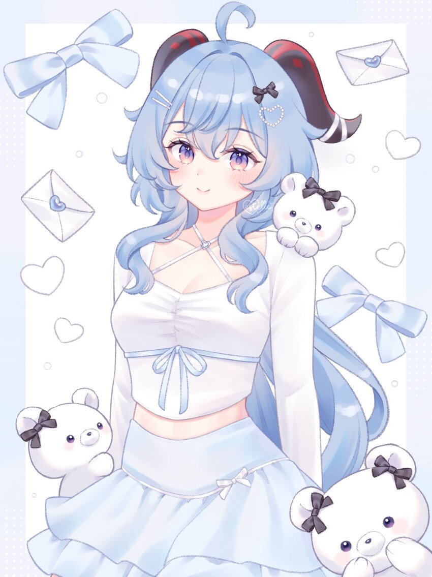 1girl, ahoge, alternate_costume, bear, blue_hair, blue_skirt, blush, collarbone