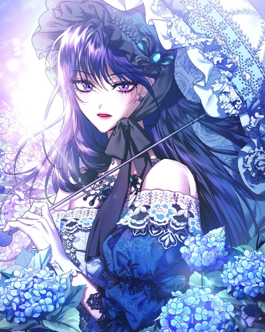 1girl, blue_dress, blue_flower, bonnet, commentary, dress, earrings, english_commentary