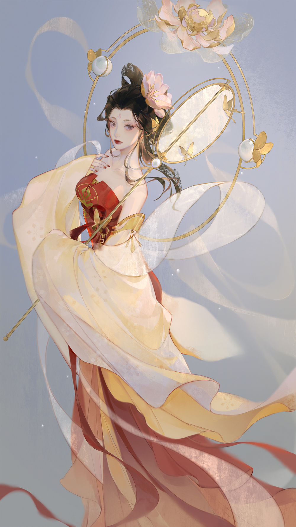 1girl, azz_(azhaoaki), black_hair, chinese_clothes, flower, hair_flower, hair_ornament, hair_rings