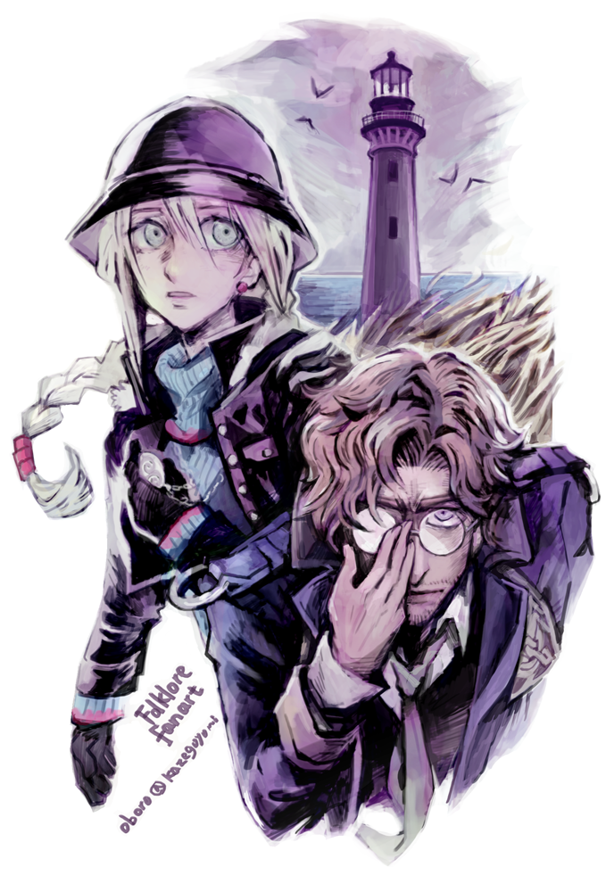 1boy, 1girl, adjusting_eyewear, artist_name, beard_stubble, black_gloves, blue_sweater, braid