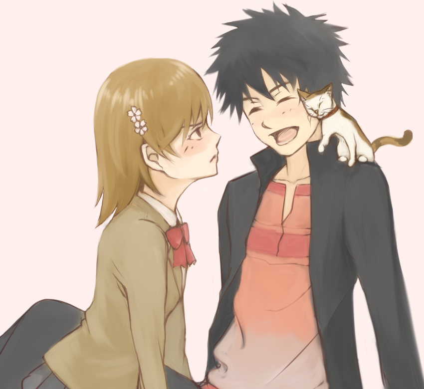 1boy, 1girl, bad_id, bad_pixiv_id, black_hair, brown_hair, calico_(pattern), calico_cat