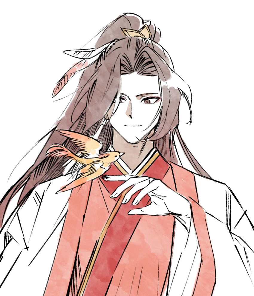 1boy, bird, bird_on_hand, brown_eyes, brown_hair, chinese_clothes, earrings, eyeshadow