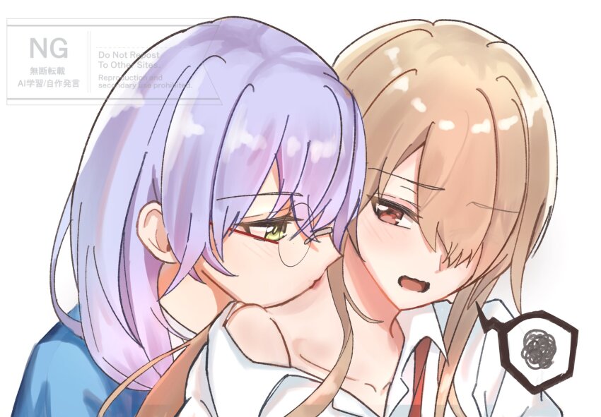 2girls, alternate_hairstyle, aoi11_luyu, blonde_hair, blue_jacket, glasses, green_eyes, grey_hair, hair_over_one_eye, hair_over_shoulder, heaven_burns_red, highres, izumi_yuki, jacket, kayamori_ruka, kiss, kissing_neck, long_hair, low-tied_long_hair, multiple_girls, red_eyes, round_eyewear, shirt, yuri