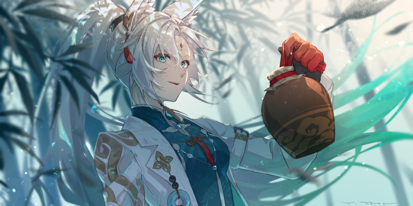 absurdres, animal_ear_fluff, animal_ears, blue_shirt, breasts, eyeshadow, feixiao_(honkai:_star_rail), fox_ears