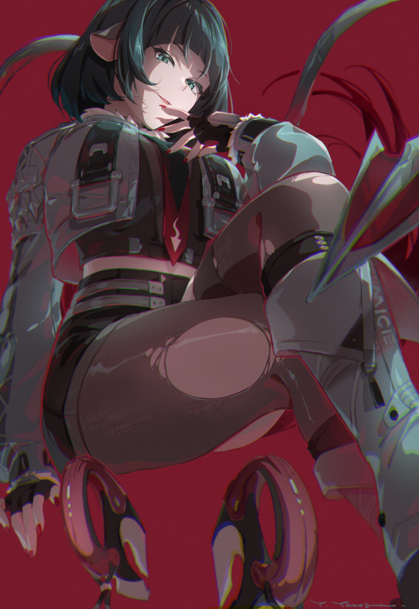 1girl, absurdres, animal_ears, arched_bangs, black_gloves, black_hair, black_necktie, black_pantyhose, black_shirt, black_shorts, blunt_bangs, boots, fingerless_gloves, gloves, gradient_hair, green_eyes, grey_boots, grey_jacket, highres, jacket, jane_doe_(zenless_zone_zero), long_hair, long_sleeves, looking_at_viewer, mouse_girl, multicolored_hair, nail_polish, necktie, open_clothes, open_jacket, pantyhose, parted_lips, red_background, red_hair, red_nails, shirt, short_shorts, shorts, simple_background, solo, tail, torn_clothes, torn_pantyhose, yama_ta_yomogi, zenless_zone_zero