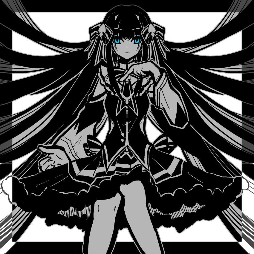 1girl, arcaea, black_border, black_dress, border, cropped_legs, dress, eternalcompass