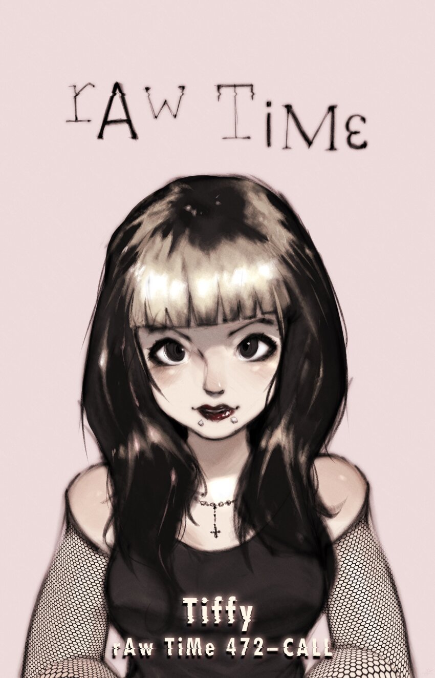 1girl, absurdres, black_eyes, black_hair, black_tank_top, blonde_hair, blunt_bangs, cross