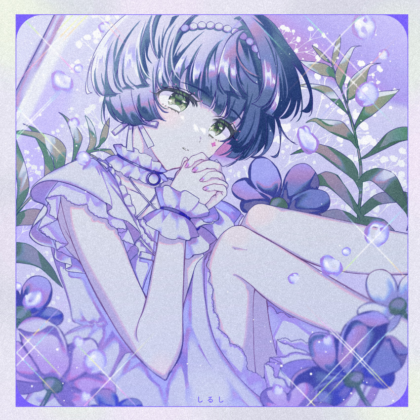 1girl, absurdres, aru_(sinsekai), black_flower, black_hair, border, bubble, choker