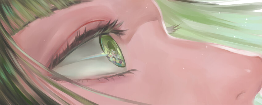 1girl, 4boys, akechi_mitsuhide_(sengoku_basara), anko_(tkg0705), blunt_bangs, commentary_request, eye_focus, eye_reflection, eyelashes, floating_hair, from_side, green_eyes, green_hair, highres, looking_ahead, male_focus, mori_ranmaru_(sengoku_basara), multiple_boys, nouhime_(sengoku_basara), oda_nobunaga_(sengoku_basara), reflection, sengoku_basara, shibata_katsuie_(sengoku_basara), solo_focus, wide-eyed