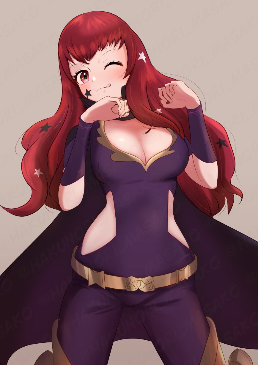 1girl, ;q, bad_dobbyyyyy, belt, black_bodysuit, black_cape, blush, bodysuit