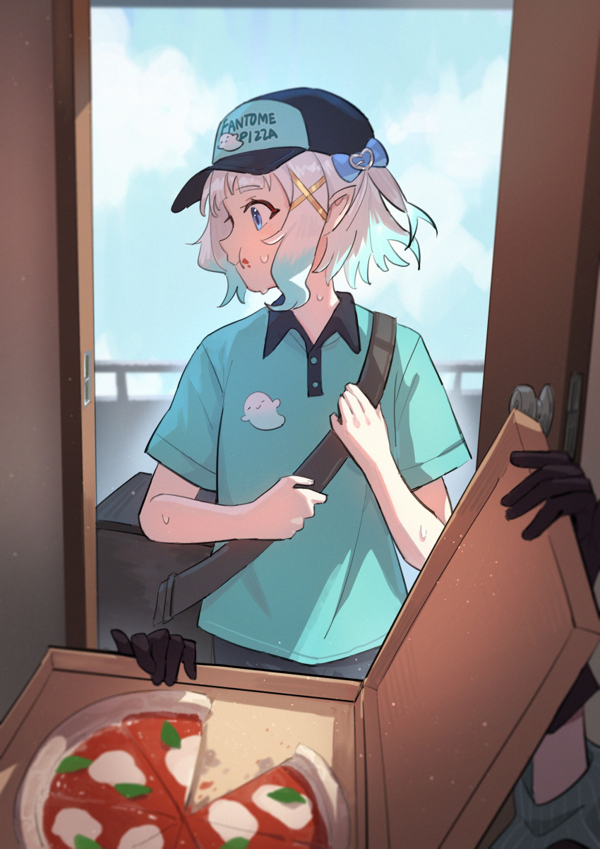 2girls, absurdres, aqua_hair, aqua_shirt, bag, black_gloves, black_hat, collared_shirt