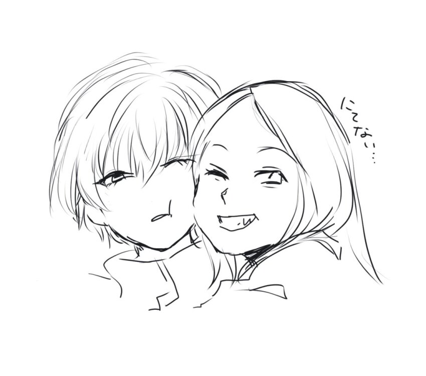 2girls, baby_walkure, cheek_squash, clenched_teeth, commentary_request, fukagawa_mahiro, greyscale, hug