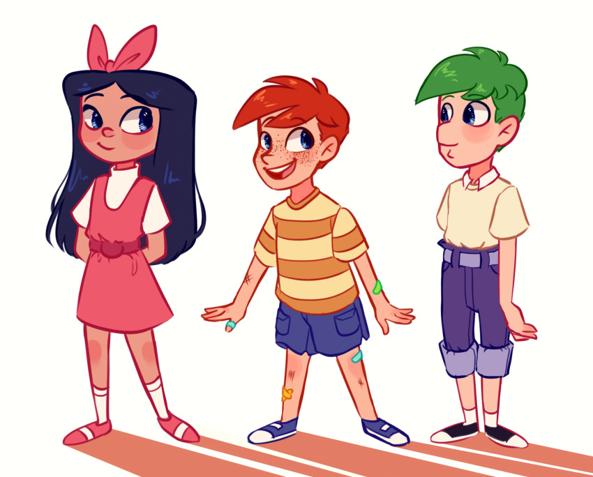 1girl, 2boys, animification, belt, black_hair, blue_eyes, bow, child