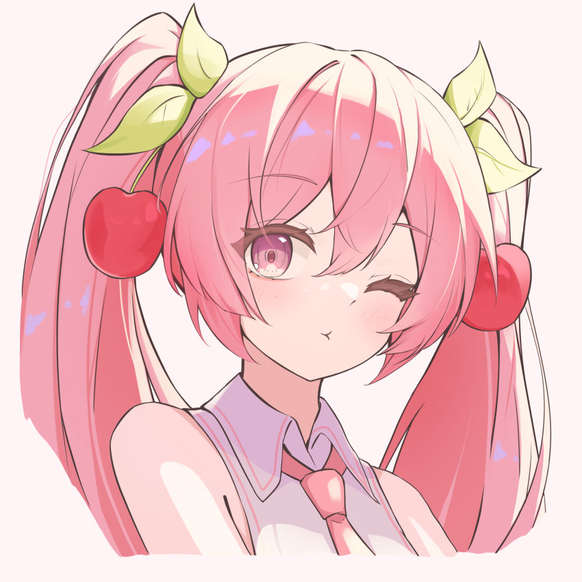 1girl, absurdres, bare_shoulders, blush, cherry_hair_ornament, closed_mouth, collared_shirt, commentary