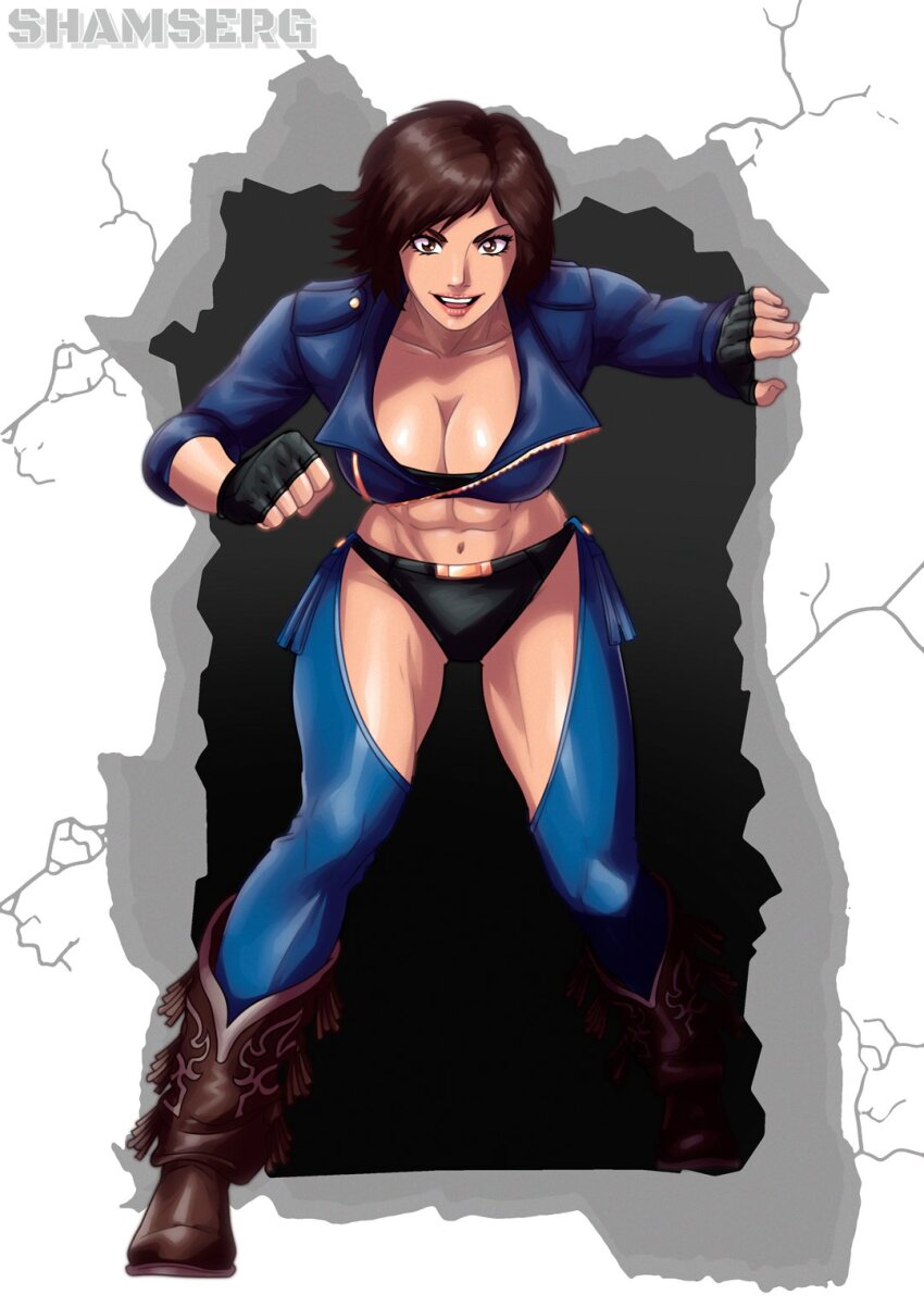 1girl, abs, angel_(kof), angel_(kof)_(cosplay), backless_pants, black_panties, boots, bra