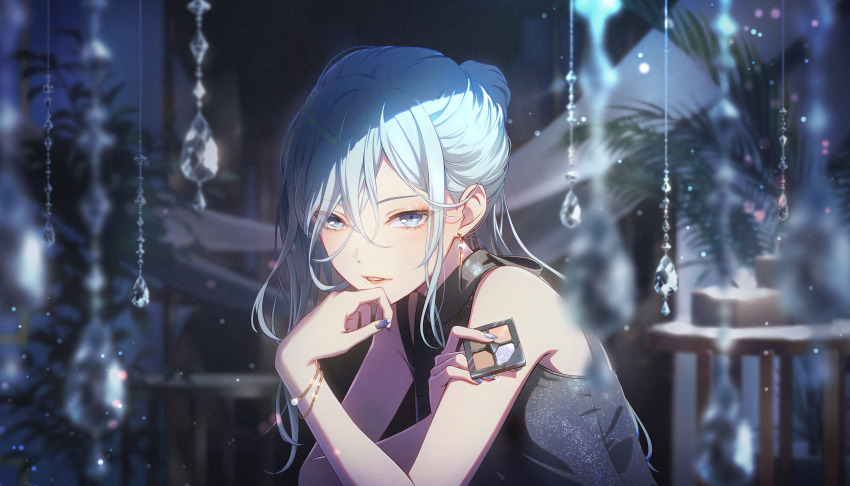 1girl, black_shirt, blue_eyes, blue_hair, blurry, bracelet, colorful_palette, depth_of_field