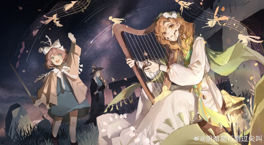 3girls, :d, absurdres, arm_up, beamed_eighth_notes, black_cape, black_footwear, black_hair