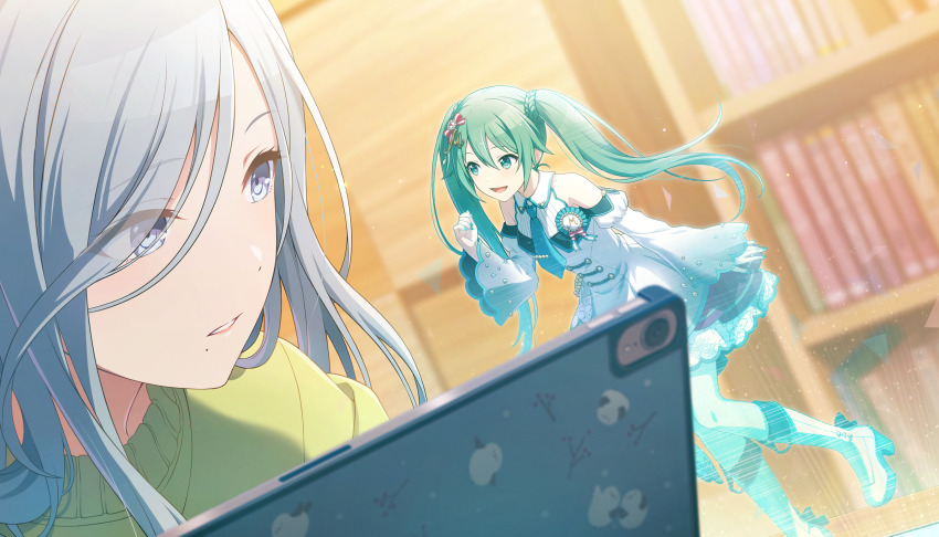 2girls, animal_print, bird, bird_print, blue_eyes, blue_hair, book, bookshelf