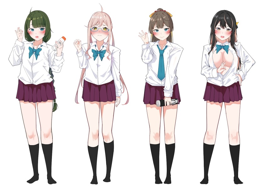 4girls, adapted_costume, ahoge, alternate_costume, aqua_bow, aqua_bowtie, aqua_eyes, aqua_necktie, black_hair, black_socks, blonde_hair, blue-framed_eyewear, blue_eyes, bow, bowtie, braid, breasts, brown_hair, collared_shirt, glasses, hair_ribbon, kantai_collection, kazagumo_(kancolle), large_breasts, long_hair, long_sleeves, looking_at_viewer, makigumo_(kancolle), miniskirt, mole, mole_under_mouth, multicolored_hair, multiple_girls, naganami_(kancolle), necktie, no_bra, open_mouth, partially_unbuttoned, pink_hair, pleated_skirt, ponytail, purple_skirt, ribbon, shirt, single_braid, skirt, socks, twintails, two-tone_hair, very_long_hair, wavy_hair, white_shirt, yellow_eyes, yungel, yuugumo_(kancolle)