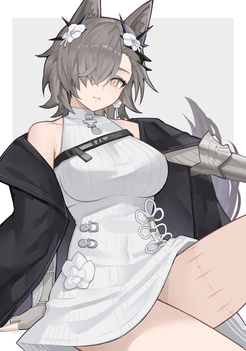 1girl, absurdres, animal_ear_fluff, animal_ears, arknights, arm_support, bare_shoulders, black_jacket