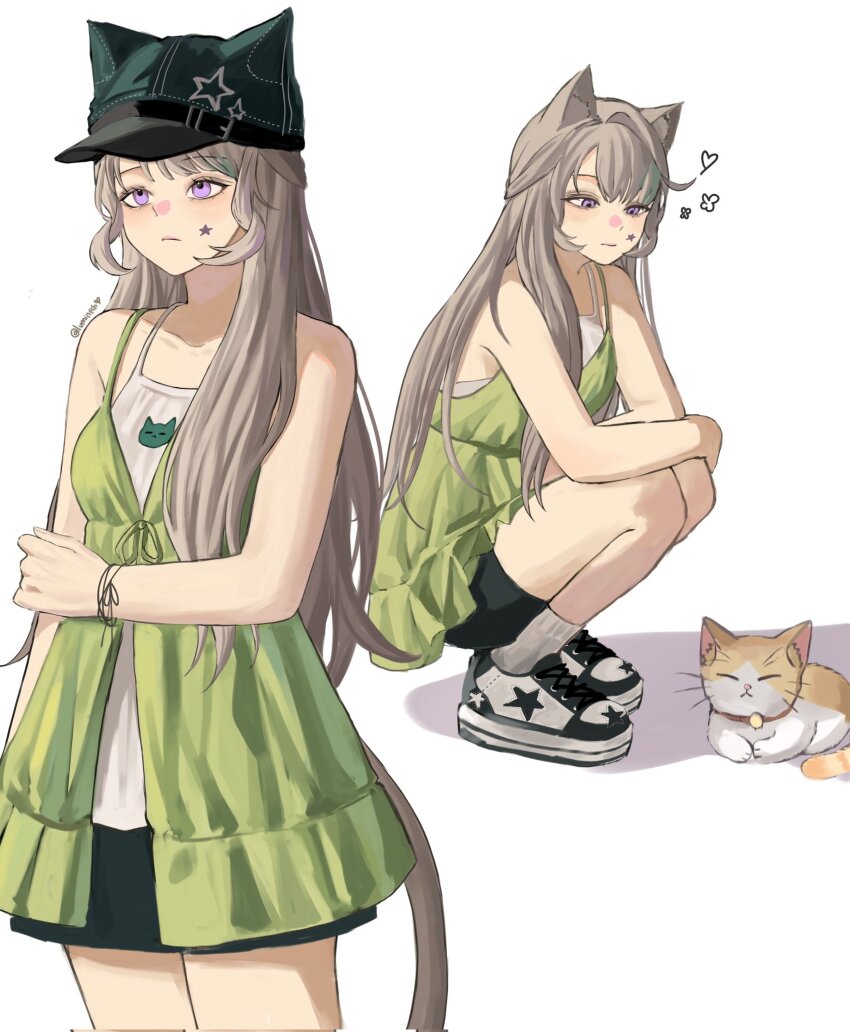 1girl, 1other, animal_ears, animal_hat, black_footwear, black_shorts, breasts, brown_hair