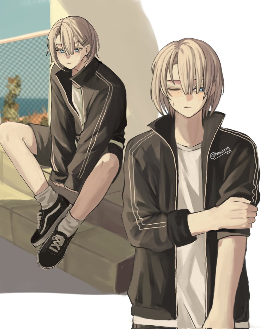 1boy, alternate_costume, black_footwear, black_jacket, black_shorts, blonde_hair, blue_eyes, blush