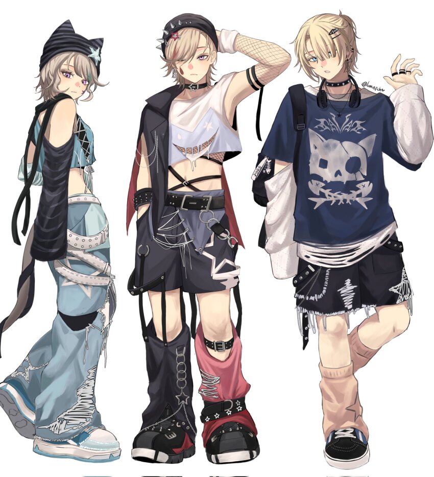 1girl, 2boys, animal_ears, aqua_shirt, black_footwear, black_hat, black_jacket, black_shorts