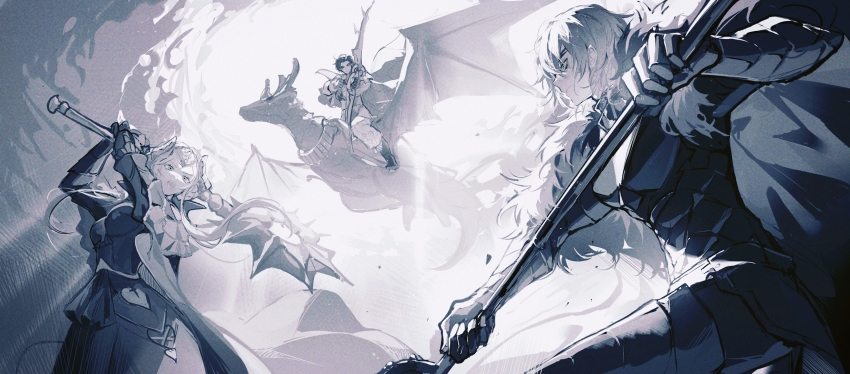 1girl, 2boys, absurdres, aiming, areadbhar_(fire_emblem), arms_up, axe, aymr_(fire_emblem), bow_(weapon), breasts, cape, chinese_commentary, claude_von_riegan, closed_mouth, collared_cape, commentary, creature, dimitri_alexandre_blaiddyd, dimitri_alexandre_blaiddyd_(timeskip), double_bun, dress, edelgard_von_hresvelg, eyepatch, failnaught_(fire_emblem), fake_horns, fire_emblem, fire_emblem:_three_houses, floating, from_below, from_side, fur-trimmed_cape, fur_trim, hair_bun, hair_flowing_over, hair_up, headpiece, highres, holding, holding_axe, holding_bow_(weapon), holding_polearm, holding_weapon, horns, large_breasts, long_sleeves, looking_at_another, looking_to_the_side, messy_hair, monochrome, multiple_boys, nash5, nintendo, open_mouth, pants, polearm, short_hair, sitting, sky, standing, sunlight, weapon