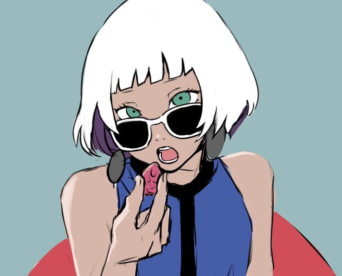 1girl, 6maker, blue_dress, colored_inner_hair, dress, earrings, food, glasses