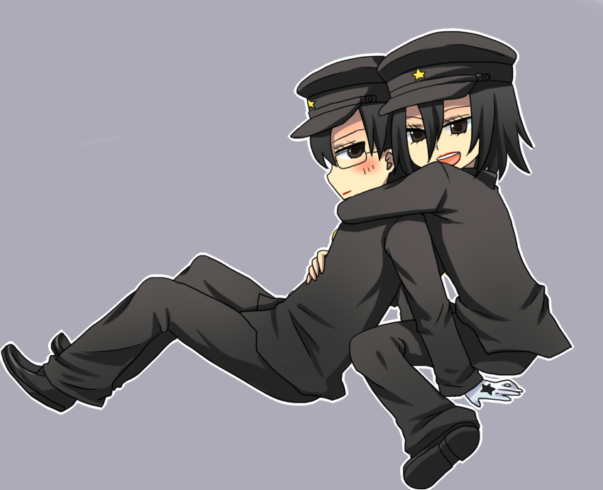 2boys, chibi, gakuran, highres, hug, jaibo_(litchi_hikari_club), litchi_hikari_club, multiple_boys