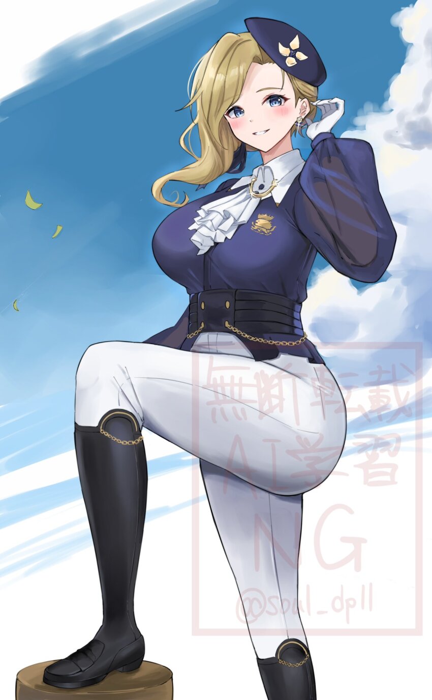 1girl, ascot, azur_lane, black_footwear, blonde_hair, blue_eyes, blue_sky, boots