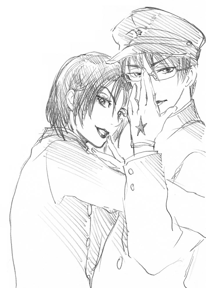 2boys, gakuran, glasses, hug, jaibo_(litchi_hikari_club), litchi_hikari_club, monochrome, multiple_boys