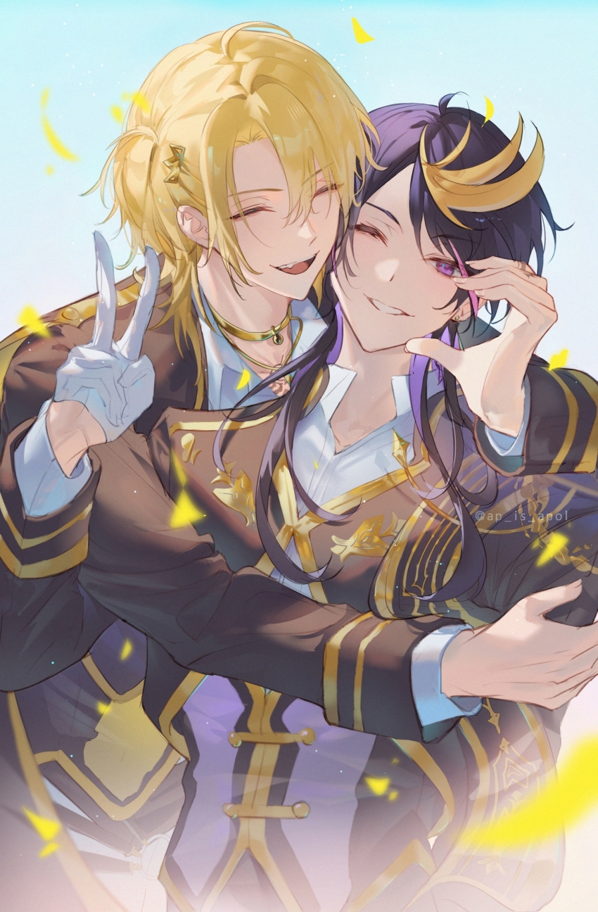 2boys, ahoge, apol_(ap_is_apol), arm_around_shoulder, artist_name, black_jacket, blonde_hair, closed_eyes