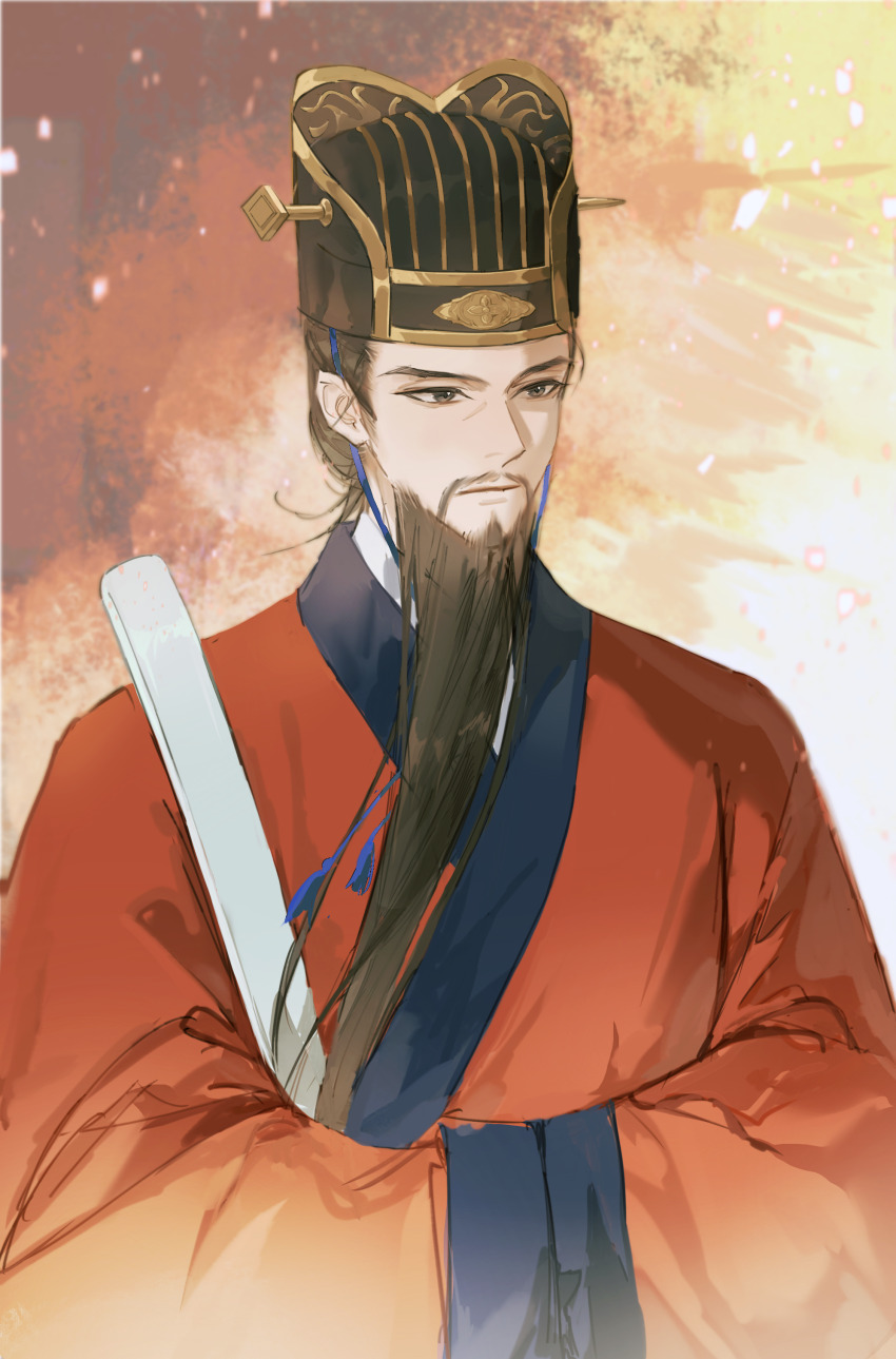 1boy, absurdres, beard, black_hair, chinese_clothes, chinese_text, commentary_request, dongpo_jin_(headwear)