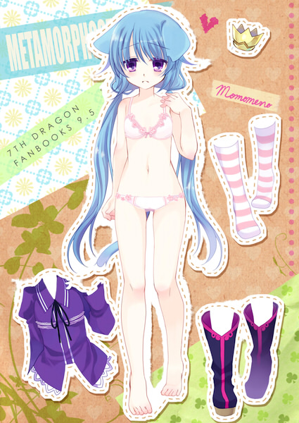 1girl, 7th_dragon, 7th_dragon_(series), animal_ears, barefoot, blue_hair, bra, braid