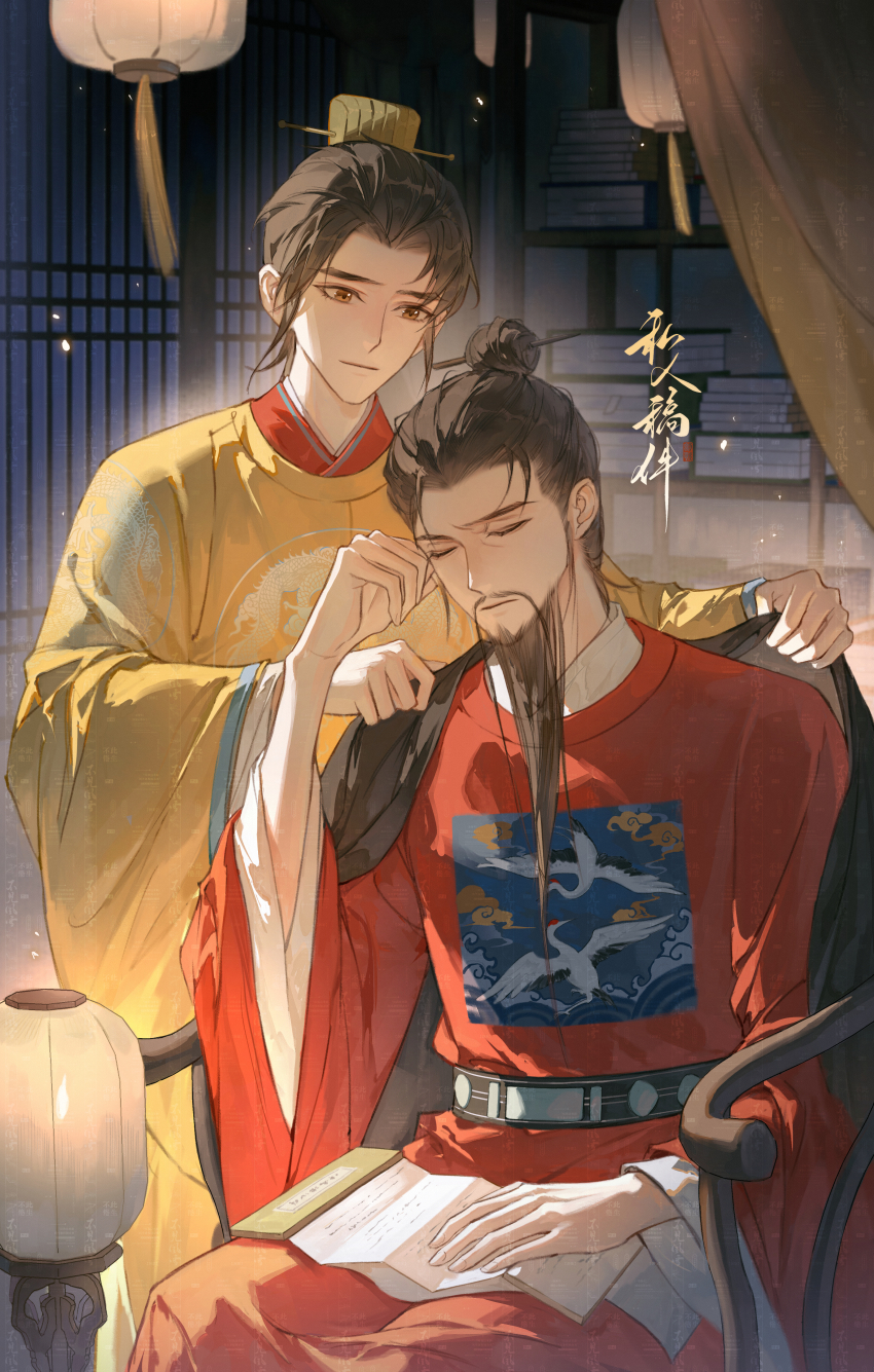 2boys, absurdres, black_hair, book, bookshelf, brown_eyes, brushing_hair, chair