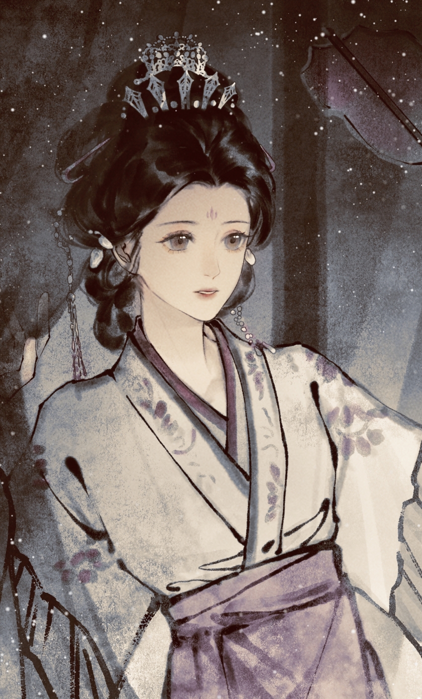 1girl, absurdres, black_hair, brown_eyes, chinese_clothes, chinese_empire, curtains, facial_mark, forehead_mark, hair_ornament, hair_rings, hanfu, highres, huadian, ink_wash_painting, jiaoling_ruqun, long_sleeves, northern_wei, original, parted_lips, sash, solo, tiara, updo, upper_body, zhaohuajiajing