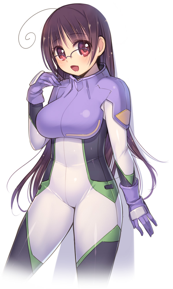 1girl, ahoge, arima_senne, bad_id, bad_pixiv_id, black_hair, bodysuit, cosplay, female_focus, glasses, gloves, gundam, gundam_seed, gundam_seed_destiny, kashiwamochi_yomogi, long_hair, open_\m/, open_mouth, original, pilot_suit, red_eyes, rey_za_burrel, rey_za_burrel_(cosplay), shadow, simple_background, solo