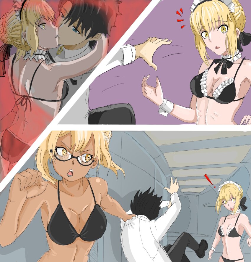 1boy, 2girls, arched_back, arms_up, artoria_pendragon_(fate), bare_shoulders, bikini, blonde_hair