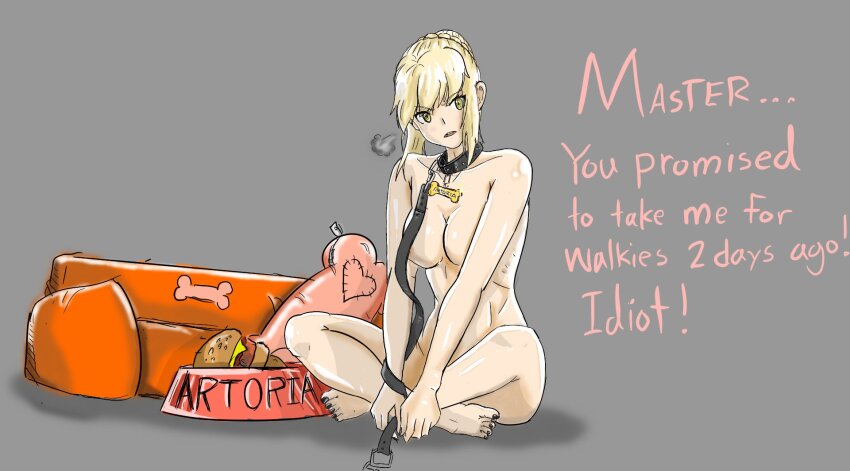 1girl, abs, animal_collar, annoyed, artoria_pendragon_(fate), bare_shoulders, barefoot, blonde_hair, bowl, breasts, censored, character_name, collar, collarbone, completely_nude, convenient_censoring, crossed_legs, english_text, fate/grand_order, fate/stay_night, fate_(series), grey_background, hair_between_eyes, highres, looking_to_the_side, medium_breasts, nude, pet_bowl, saberalter_says, sidelocks, solo, type-moon