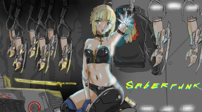 1girl, armband, armpits, artoria_pendragon_(fate), black_jacket, blonde_hair, blush, breasts