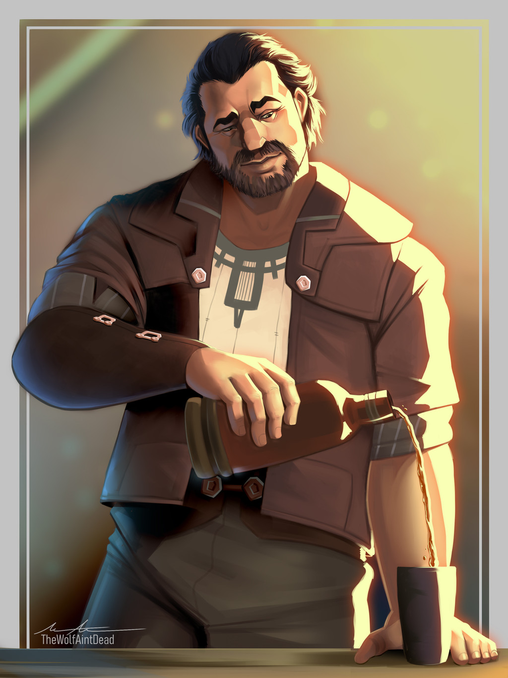 1boy, alcohol, arcane:_league_of_legends, beard, beer, bleydhdu, blue_pants, bottle, brown_hair, brown_jacket, commentary, english_commentary, facial_hair, facing_viewer, full_beard, highres, holding, holding_bottle, jacket, league_of_legends, leather, leather_jacket, looking_down, male_focus, mustache, pants, pouring, shirt, signature, sleeves_rolled_up, smile, smirk, vander_(arcane), white_shirt