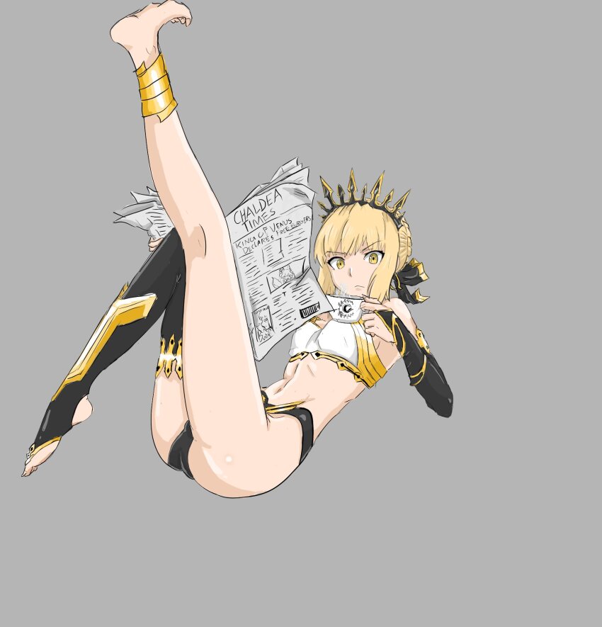 1girl, abs, artoria_pendragon_(fate), ass, barefoot, blonde_hair, breasts, chaldea_security_organization, coffee, coffee_mug, cosplay, cup, detached_sleeves, fate/grand_order, fate/stay_night, fate_(series), highres, holding, holding_newspaper, ishtar_(fate), ishtar_(fate)_(cosplay), leg_up, medium_breasts, mug, narrow_waist, navel, newspaper, saber_alter, saberalter_says, simple_background, small_breasts, solo, thighhighs, tiara, yellow_eyes