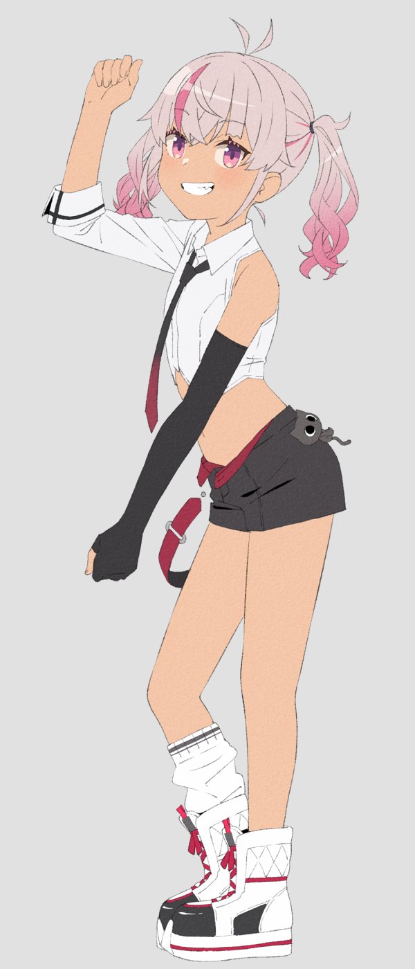 1girl, akitetsu, antenna_hair, asymmetrical_gloves, asymmetrical_sleeves, black_gloves, black_shorts, collared_shirt