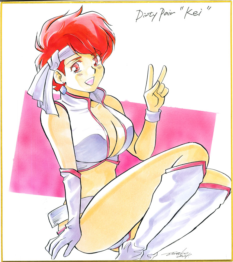 boots, breasts, character_name, cleavage, collarbone, copyright_name, dirty_pair, earrings, gloves, headband, jewelry, kei_(dirty_pair), knee_boots, looking_at_viewer, open_mouth, otutomoyu_1, red_eyes, red_hair, short_hair, signature, single_glove, v, white_boots, white_gloves, white_headband